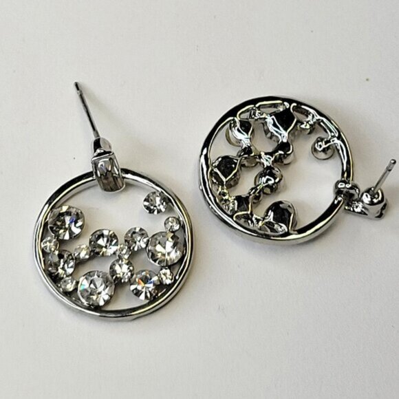 Small Crystal Round Earrings Rhinestone Bridal Small Silvertone Earrings - Picture 5 of 8